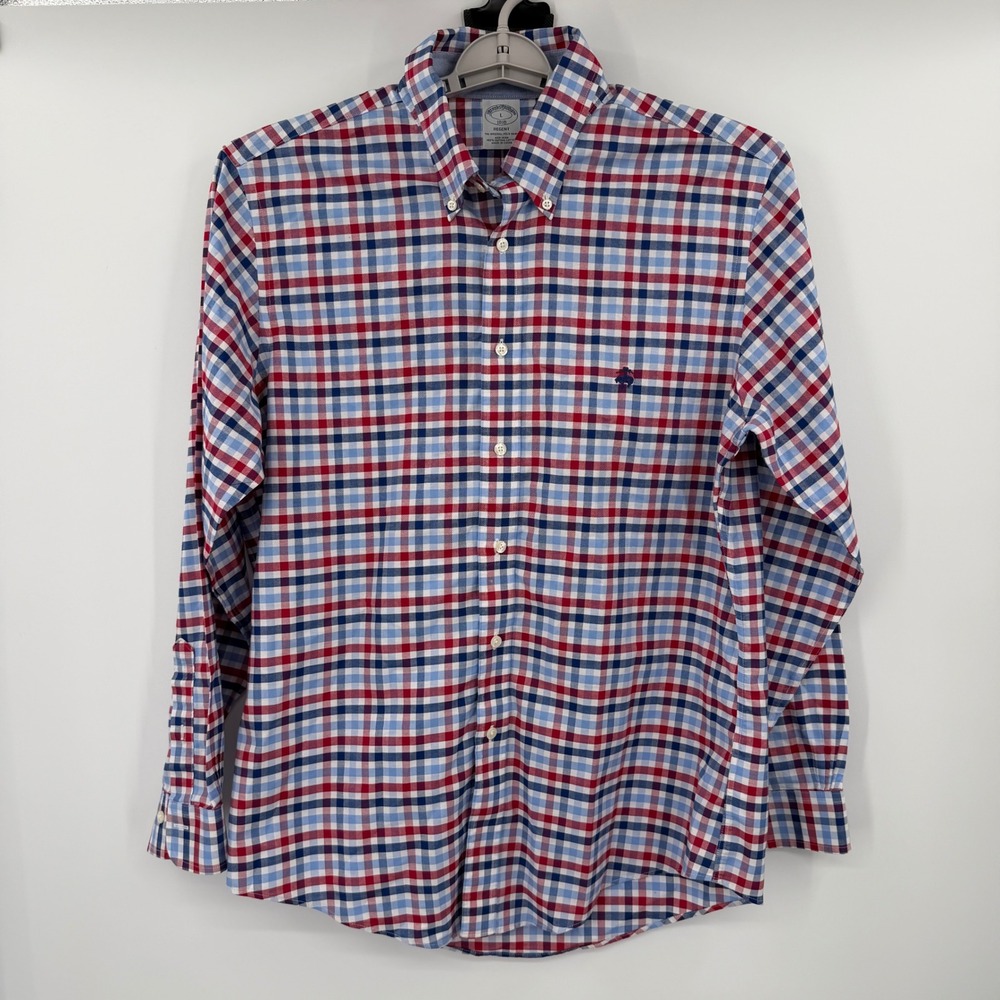 Brooks Brothers Regent Non-Iron Supima Cotton Shirt Red White Blue Check Large